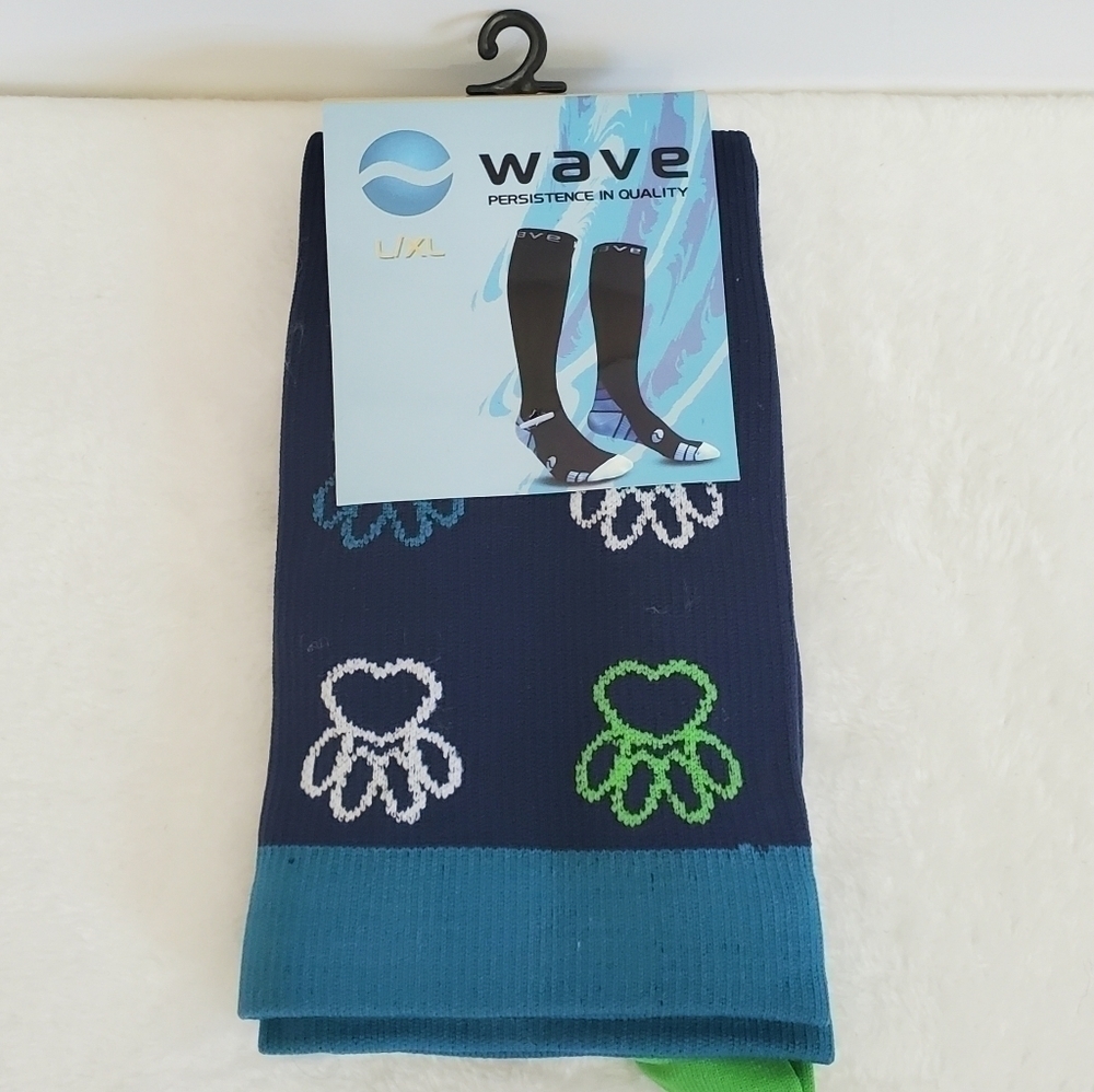 Wave Compression Socks Navy Blue Green White Paw Prints Size L/XL NWT